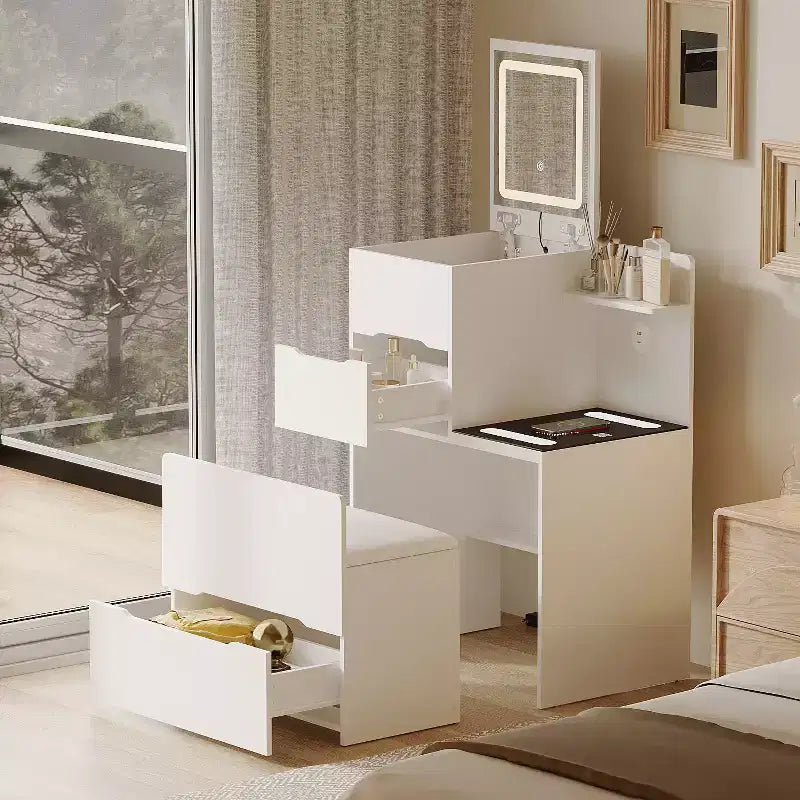Famapy Space Saving Makeup Vanity w/Light USB Wireless Charging Dressing Vanity Table