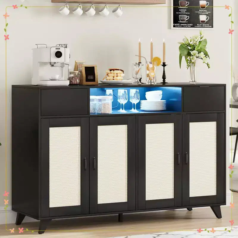 Sideboard Buffet Cabinet, 4 Rattan Doors 2 Drawers Accent Storage Cabinet