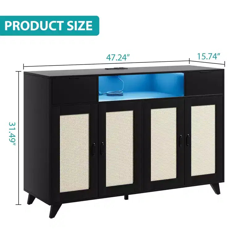 Buffet de Bahut, Meuble de Rangement d'Appoint 4 Portes en Rotin 2 Tiroirs