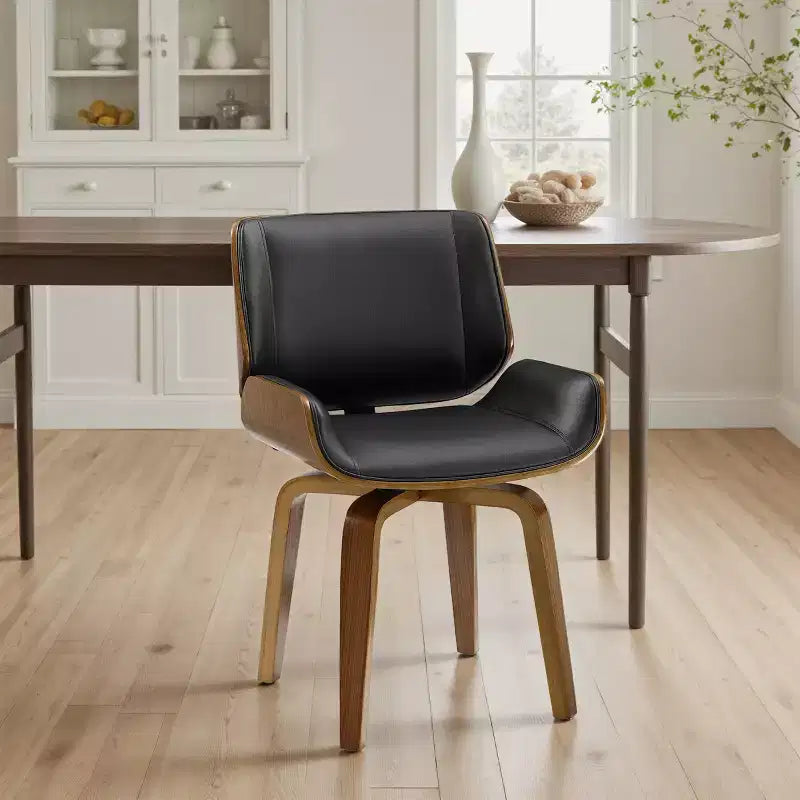 Chaise de salle à manger pivotante en bois courbé avec revêtement en similicuir et pieds en bois massif