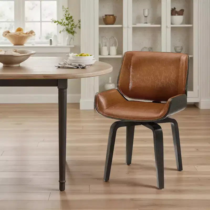 Chaise de salle à manger pivotante en bois courbé avec revêtement en similicuir et pieds en bois massif