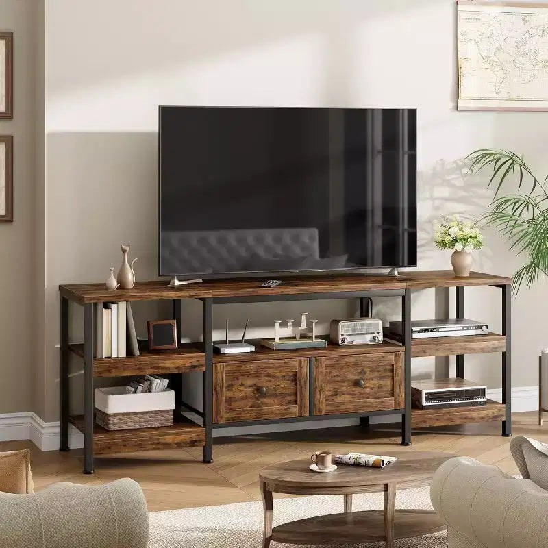 63 Modern-Industrial TV Stand with 2 Fabric Drawers, Media Console, Open Design, Metal Frame, Multi-Layer Storage