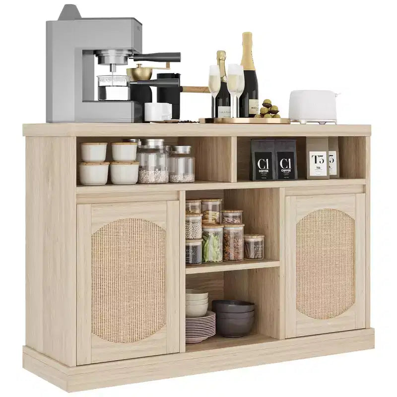Rattan Buffet Cabinet with Storage - 47 Sideboard Storage Cabinet, 2 Rattan Doors, Natural Wood Accent, Coffee Bar, Kitchen Dining Living Room