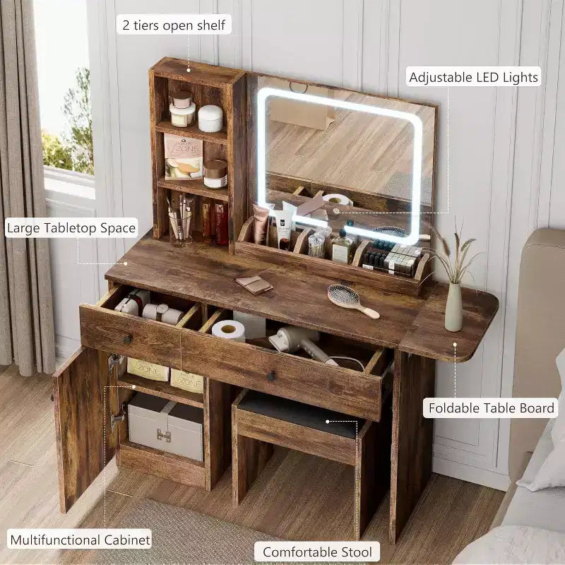 Coiffeuse de chambre avec lumières, ensemble commode en bois, commode moderne avec tiroirs