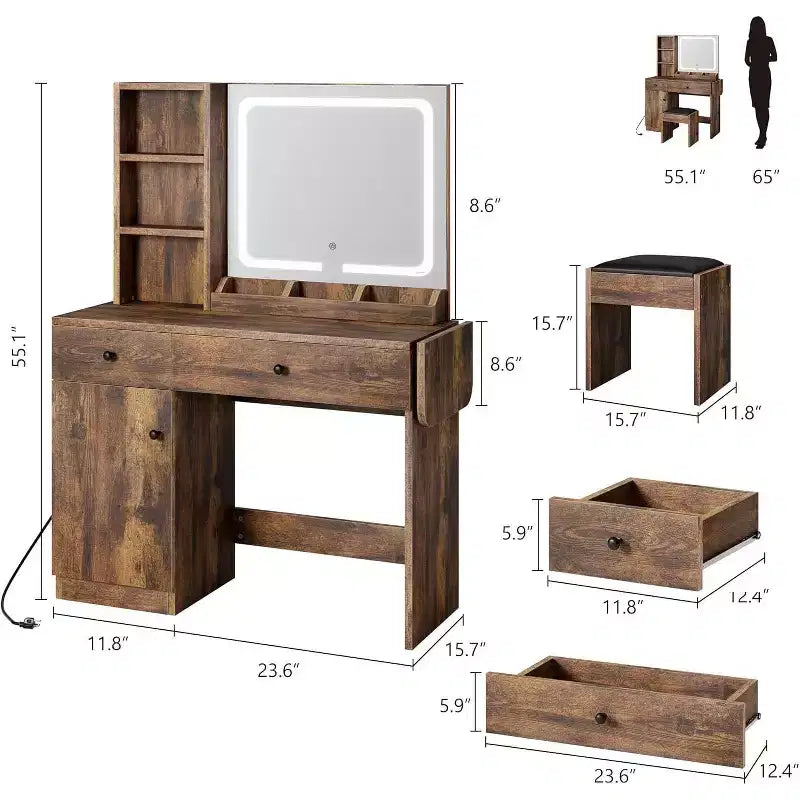 Coiffeuse de chambre avec lumières, ensemble commode en bois, commode moderne avec tiroirs