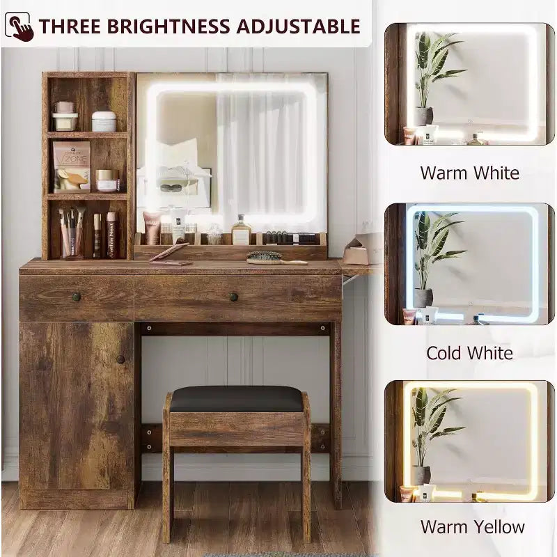Coiffeuse de chambre avec lumières, ensemble commode en bois, commode moderne avec tiroirs