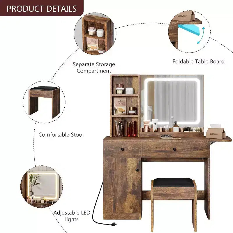 Coiffeuse de chambre avec lumières, ensemble commode en bois, commode moderne avec tiroirs