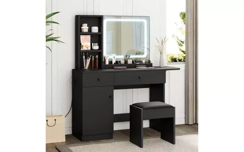 Coiffeuse de chambre avec lumières, ensemble commode en bois, commode moderne avec tiroirs