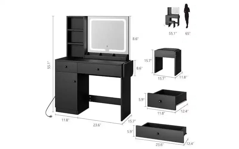 Coiffeuse de chambre avec lumières, ensemble commode en bois, commode moderne avec tiroirs