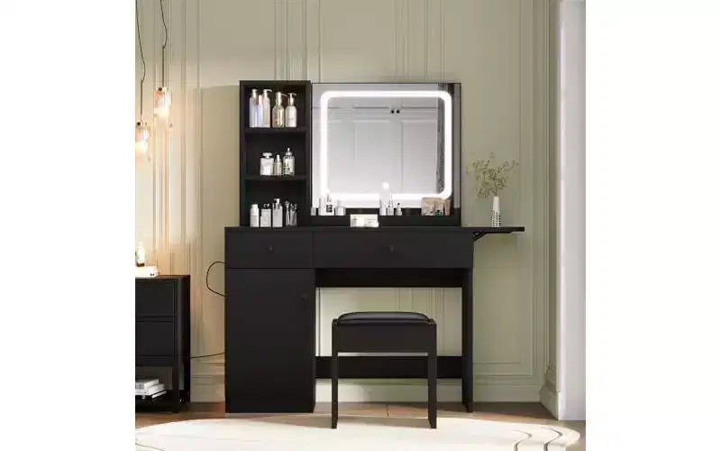 Coiffeuse de chambre avec lumières, ensemble commode en bois, commode moderne avec tiroirs