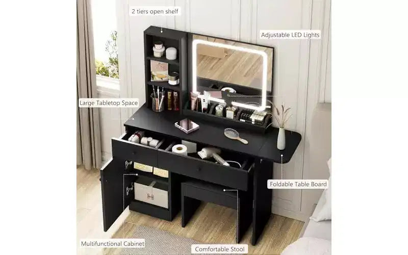Coiffeuse de chambre avec lumières, ensemble commode en bois, commode moderne avec tiroirs