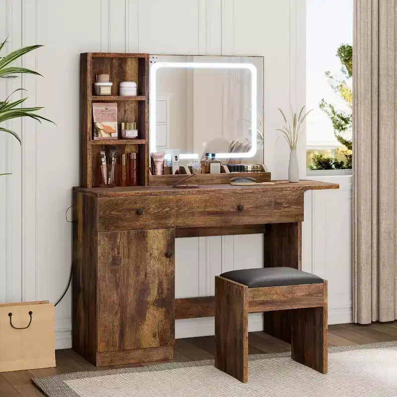 Coiffeuse de chambre avec lumières, ensemble commode en bois, commode moderne avec tiroirs