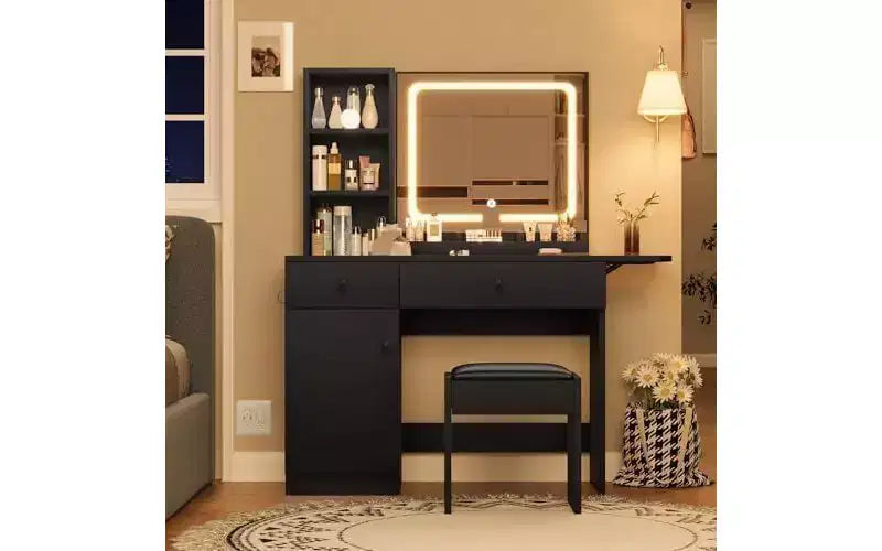 Bedroom Vanity with Lights, Wooden Dresser Set, Modern Dresser with Drawers, Cabinet, Shelf and Stool for Dresser, White