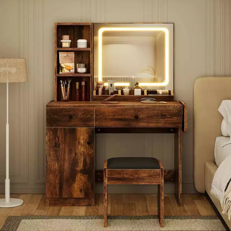 Coiffeuse de chambre avec lumières, ensemble commode en bois, commode moderne avec tiroirs
