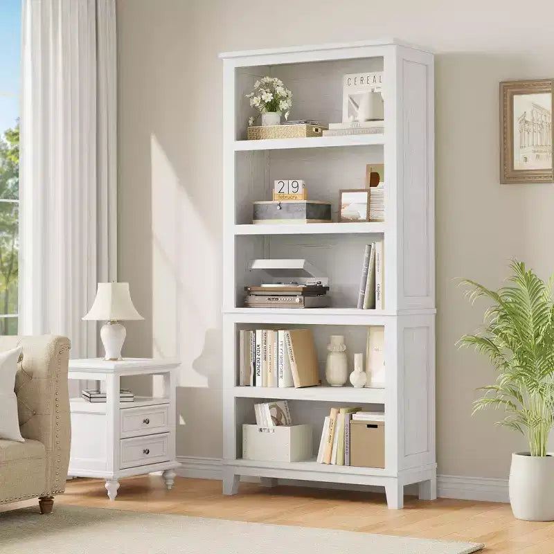 Wooden Bookcase 5 Tier Storage Bookshelf Farmhouse Bookshelves Rustic Vintage Etagere for Home Office,Living Room,Bed Room,White