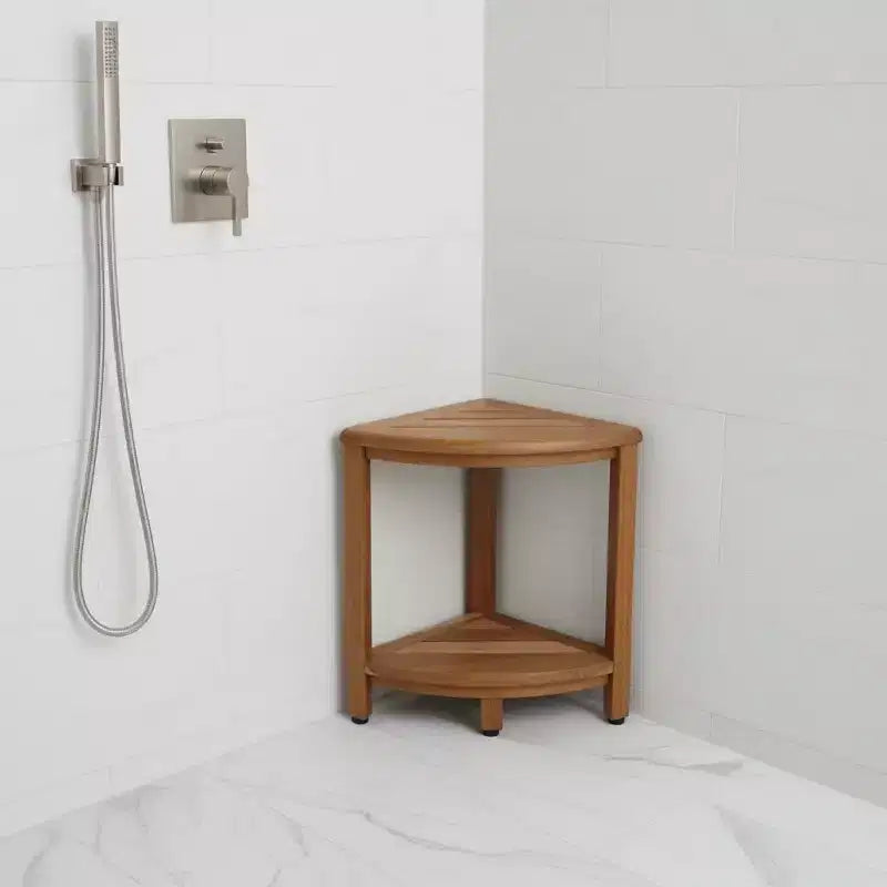 17 Banc de douche d'angle en teck brun avec étagère