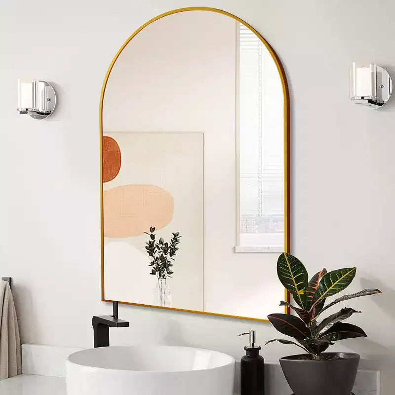 Miroir de salle de bain mural arqué encadré en métal noir 20x30 pouces.