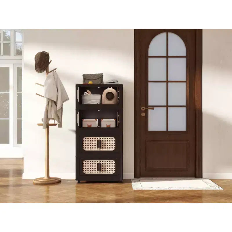 MAYEERTY 20 Side 4 Tiers Plastic Folding Storage Cabinet with Magnetic Door Wheels for Living Room Retro Brown