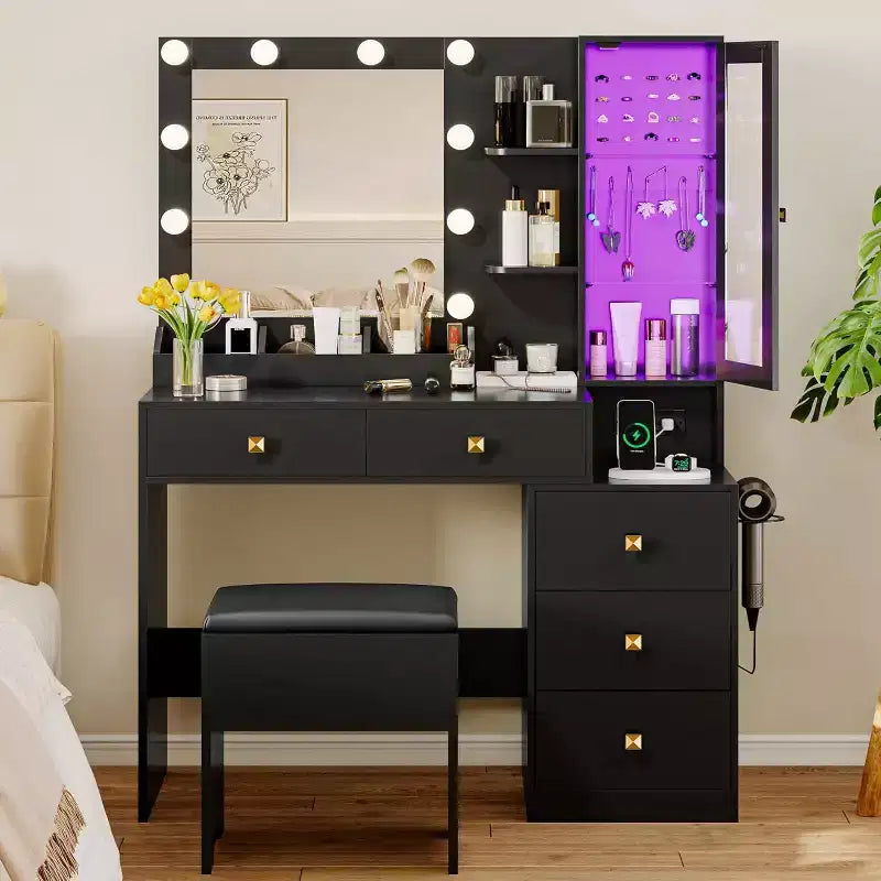 BALHAM TRADE-Vanity Desk with Mirror and Lights Makeup Vanity Set 5 Drawers Power Outlet RGB Ambient Light