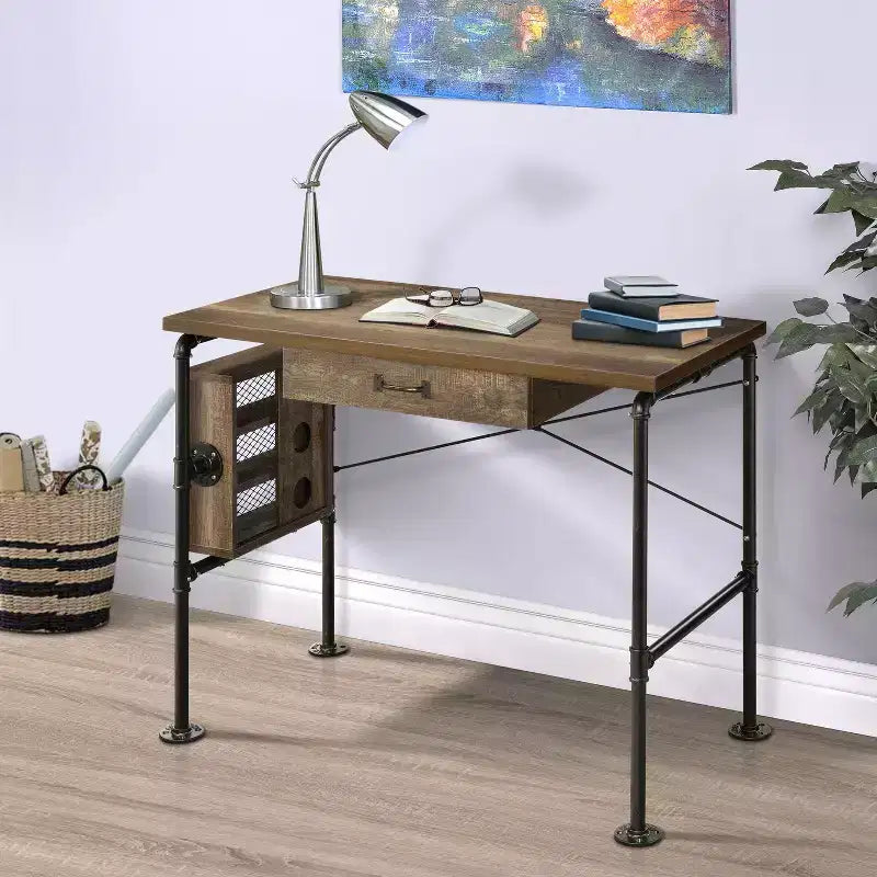 TUYOHW 39.5 Rectangular Writing Desk,Weathered Oak Study Desk with 3 Open Shelves,1 Drawer,Black Metal Leg,Modern Computer Desk for Study,Home Office