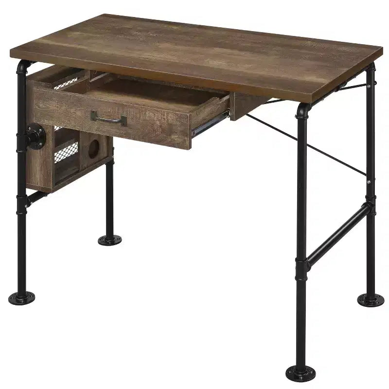 Bureau rectangulaire de 100 cm, Bureau d'étude en chêne patiné avec 3 étagères ouvertes