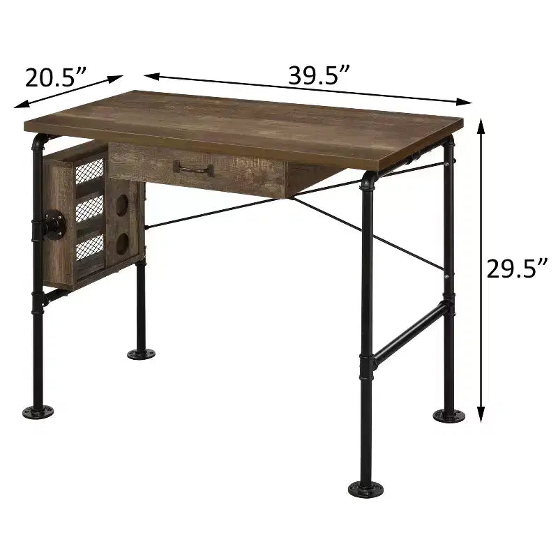 Bureau rectangulaire de 100 cm, Bureau d'étude en chêne patiné avec 3 étagères ouvertes