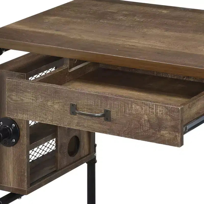 Bureau rectangulaire de 100 cm, Bureau d'étude en chêne patiné avec 3 étagères ouvertes
