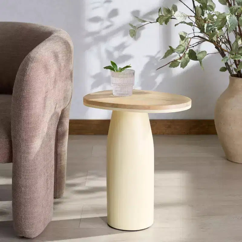 Table d'appoint en bois et laque - Naturel/Blanc