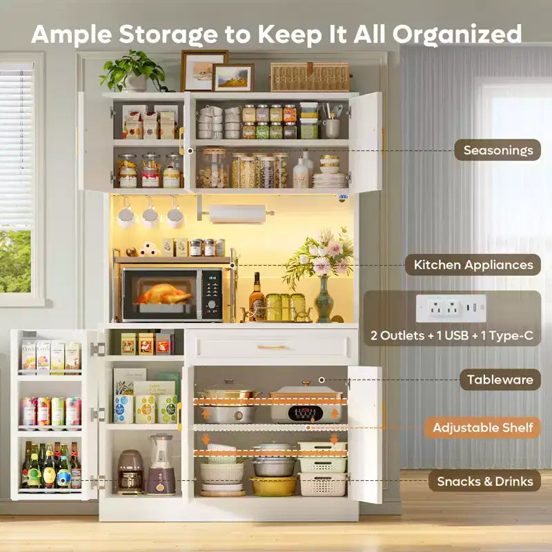 Buffet de cuisine de 71 po avec armoires de rangement, style ferme blanc en bois manufacturé avec étagères réglables