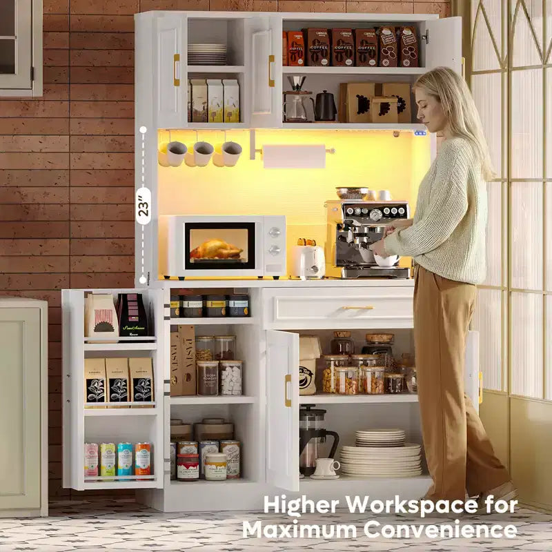 Buffet de cuisine de 71 po avec armoires de rangement, style ferme blanc en bois manufacturé avec étagères réglables