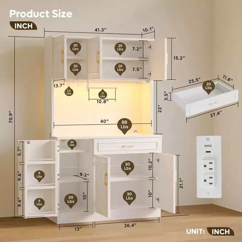 Buffet de cuisine de 71 po avec armoires de rangement, style ferme blanc en bois manufacturé avec étagères réglables