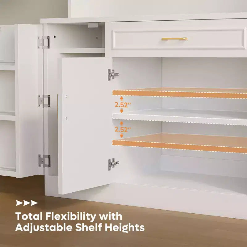 Buffet de cuisine de 71 po avec armoires de rangement, style ferme blanc en bois manufacturé avec étagères réglables