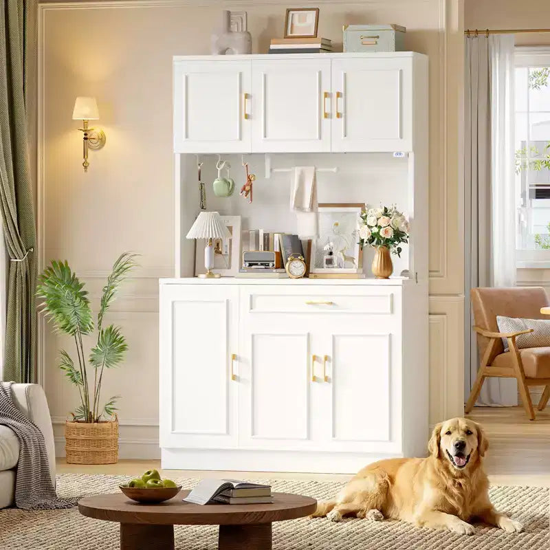 Buffet de cuisine de 71 po avec armoires de rangement, style ferme blanc en bois manufacturé avec étagères réglables