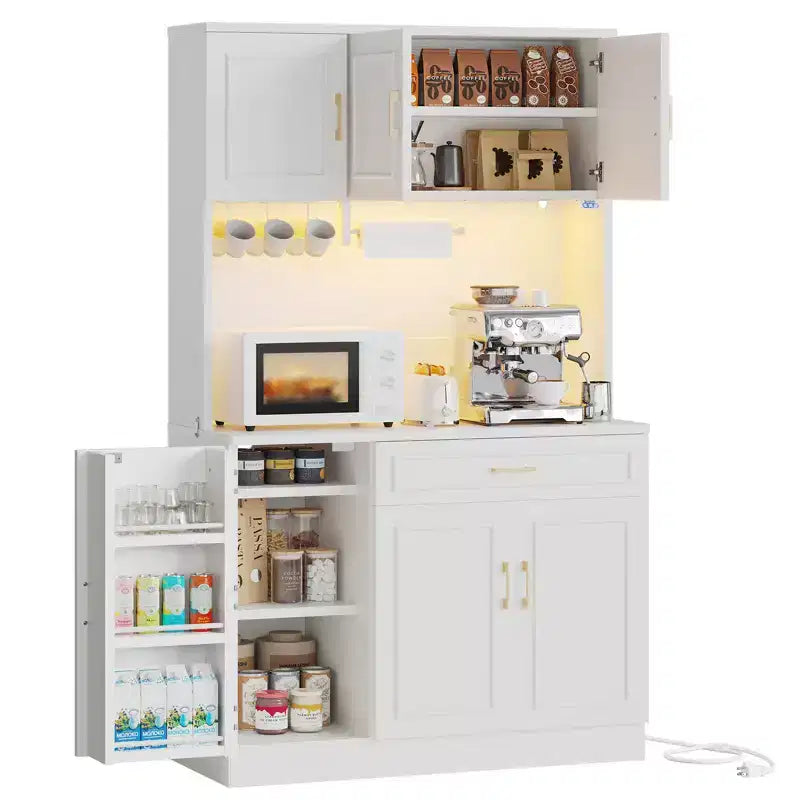 Buffet de cuisine de 71 po avec armoires de rangement, style ferme blanc en bois manufacturé avec étagères réglables