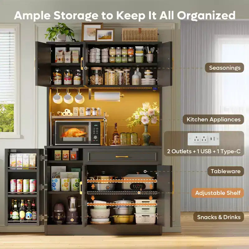 Buffet de cuisine de 71 po avec armoires de rangement, style ferme blanc en bois manufacturé avec étagères réglables