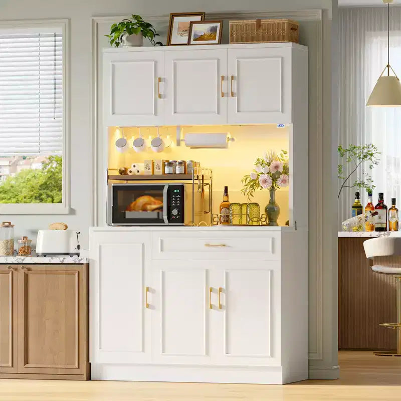 Buffet de cuisine de 71 po avec armoires de rangement, style ferme blanc en bois manufacturé avec étagères réglables