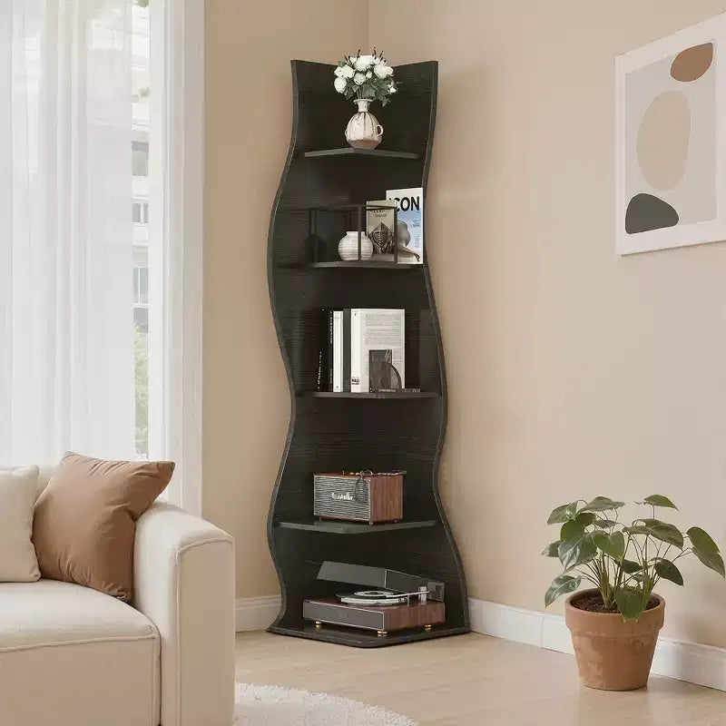 Étagère d'angle à 5 niveaux ondulée, étagère de rangement rustique avec assemblage facile