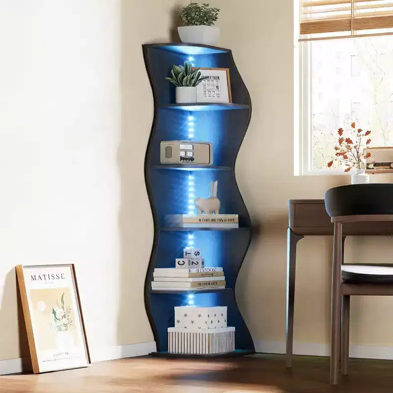 Étagère d'angle à 5 niveaux ondulée, étagère de rangement rustique avec assemblage facile
