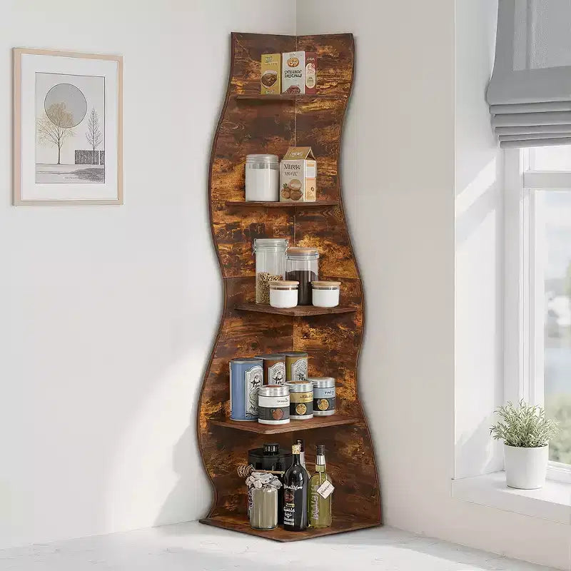 Étagère d'angle à 5 niveaux ondulée, étagère de rangement rustique avec assemblage facile