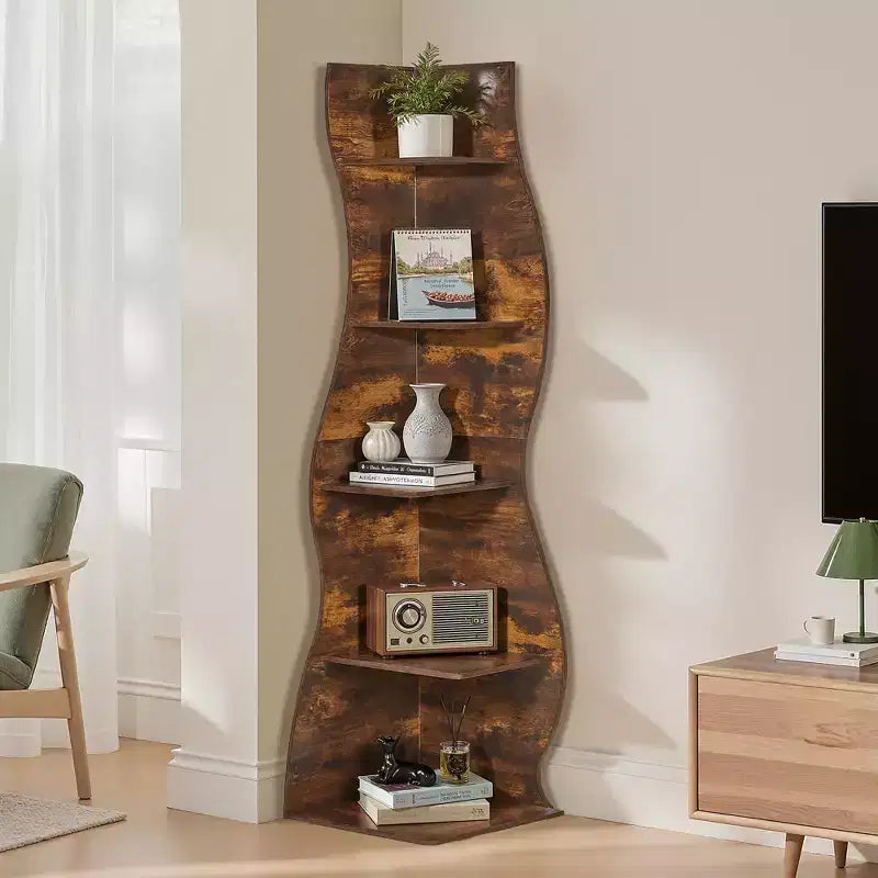 Étagère d'angle à 5 niveaux ondulée, étagère de rangement rustique avec assemblage facile