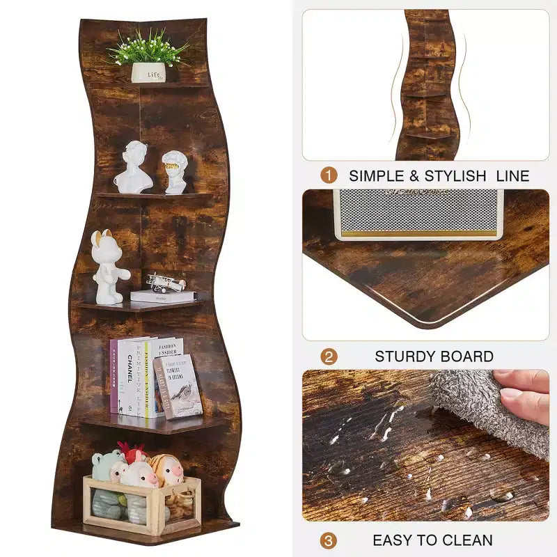 Étagère d'angle à 5 niveaux ondulée, étagère de rangement rustique avec assemblage facile
