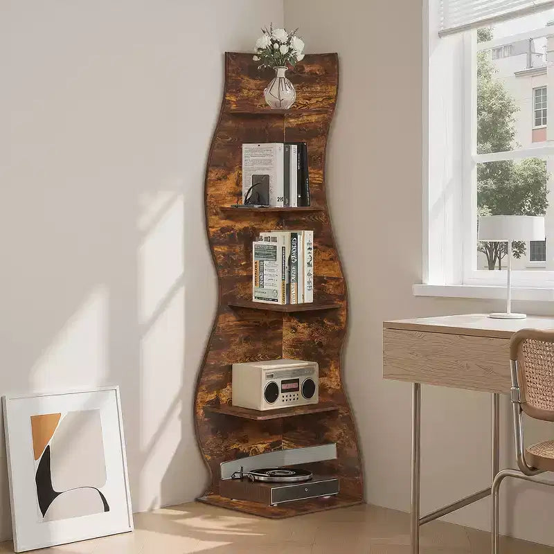 Étagère d'angle à 5 niveaux ondulée, étagère de rangement rustique avec assemblage facile