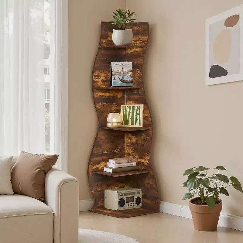 Étagère d'angle à 5 niveaux ondulée, étagère de rangement rustique avec assemblage facile