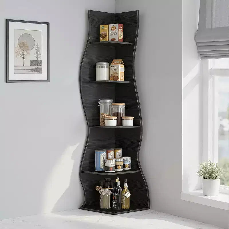 VECELO 5-Tier Wave Corner Bookshelf, Rustic Storage Display Stand with Easy Assembly, Space-Saving Organizer for Home Decor