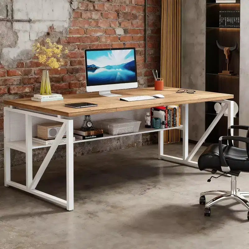 Lantine 63-Inch Computer Desk with Bottom Storage Shelf, Home Office Writing Table for Workstation, Light Walnut, Steel Legs