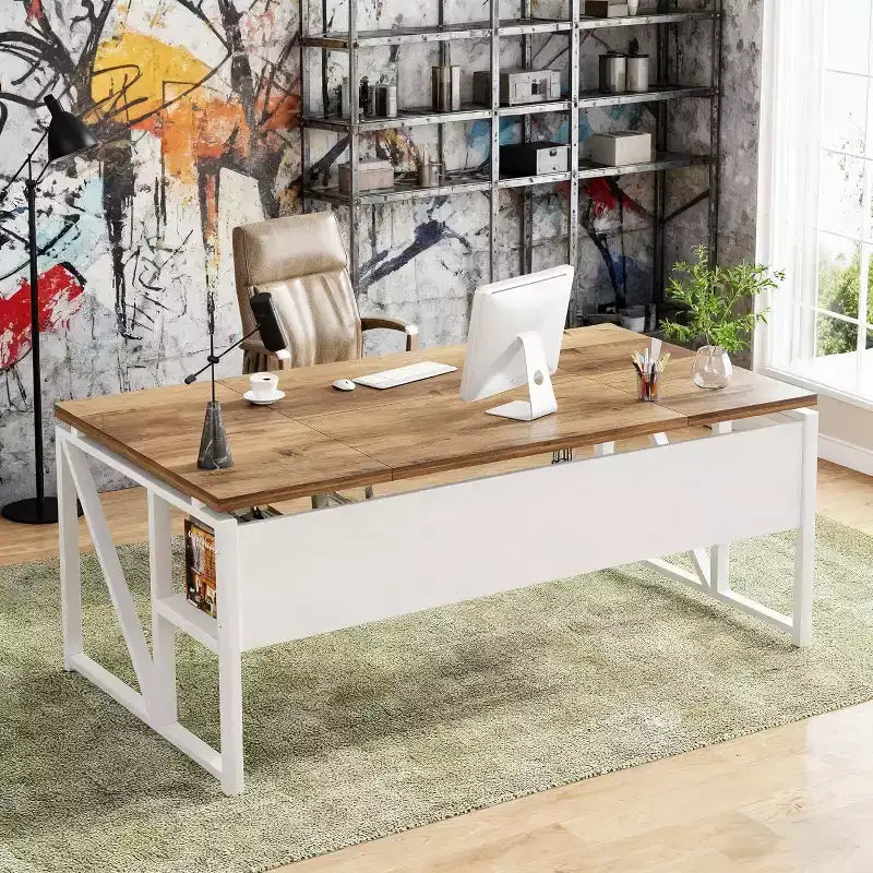 Bureau informatique de 63 pouces avec étagère de rangement inférieure, table d'écriture pour bureau à domicile