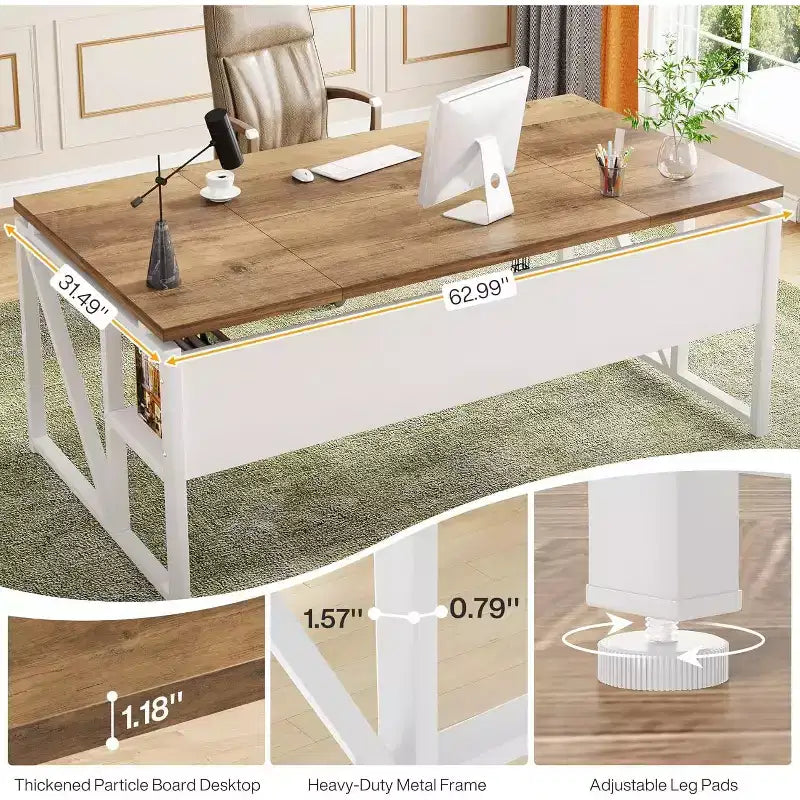 Bureau informatique de 63 pouces avec étagère de rangement inférieure, table d'écriture pour bureau à domicile
