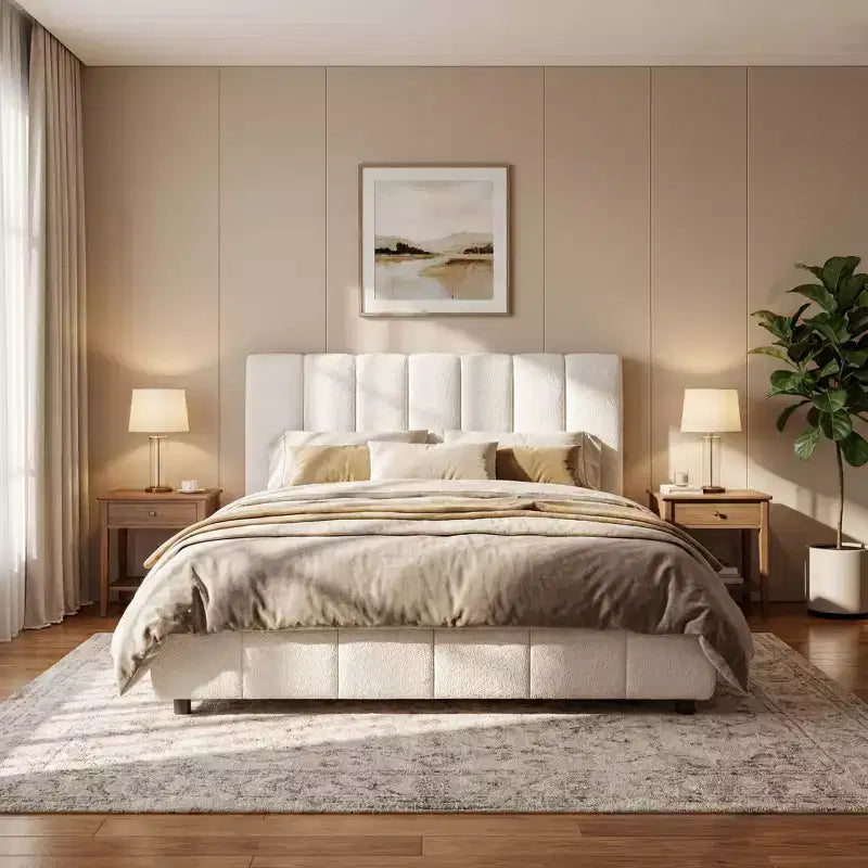 Christopher Knight Home Nittaya Modern Wooden Boucle Upholstered Bed Frame with Thick Headboard