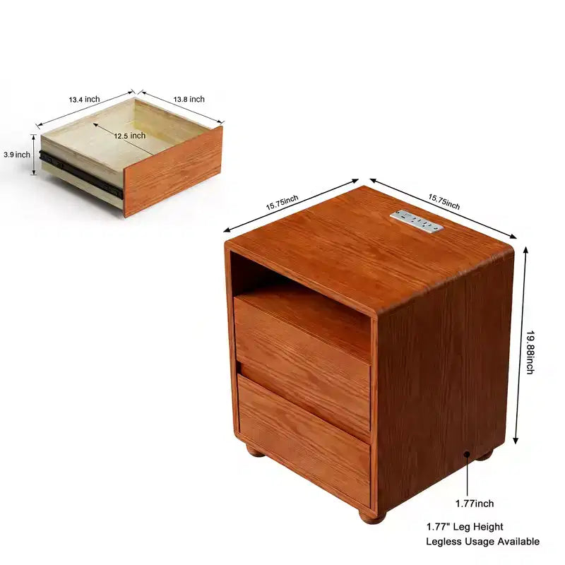 Table de chevet en hévéa à 2 tiroirs avec station de charge et étagères