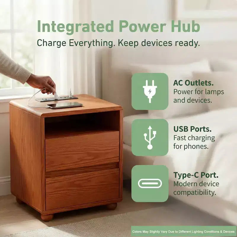 Table de chevet en hévéa à 2 tiroirs avec station de charge et étagères